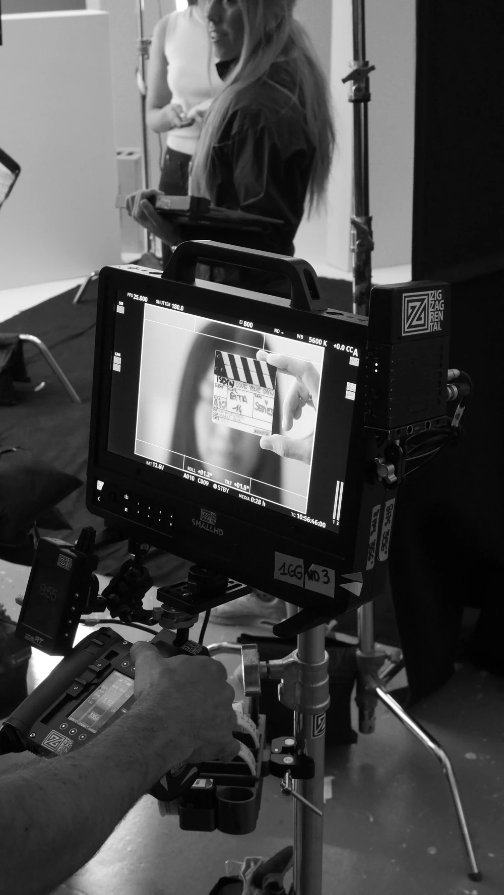 Monitor showing the clapperboard as the Tasty Studio camera team starts a take